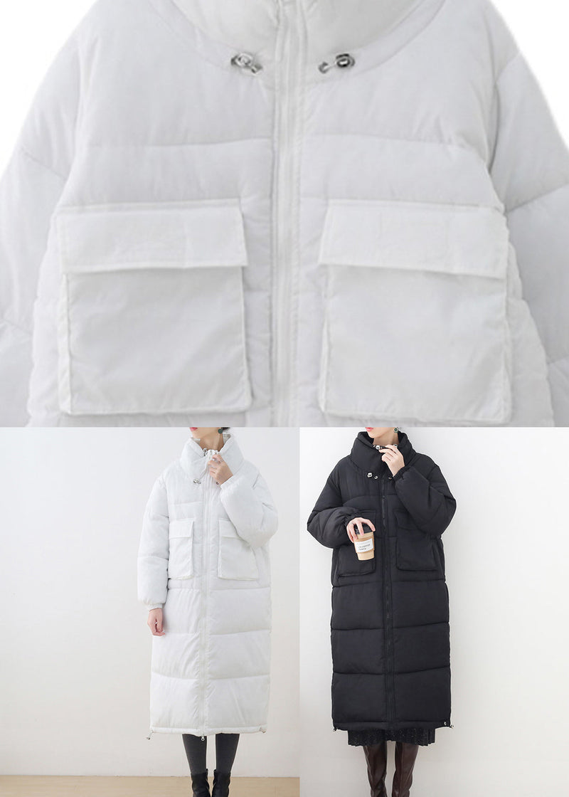 Loose White Stand Collar Zippered Pockets Cotton Parka Long Sleeve