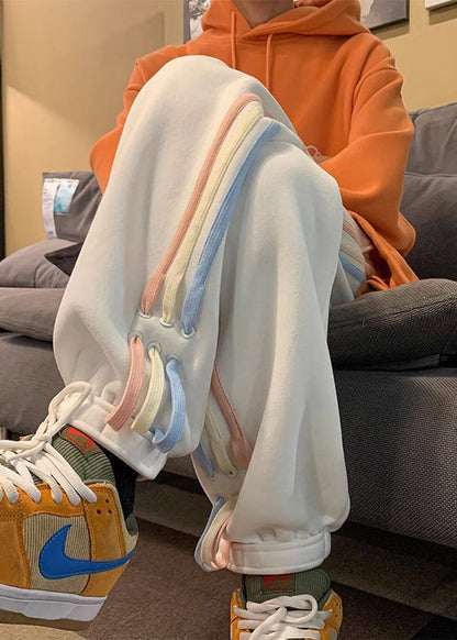 Loose White Striped Pockets High Waist Pants Spring