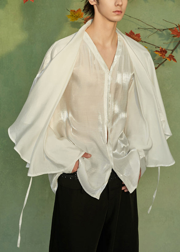 Loose White V Neck Lace Up False Two Pieces Silk Shirts Spring