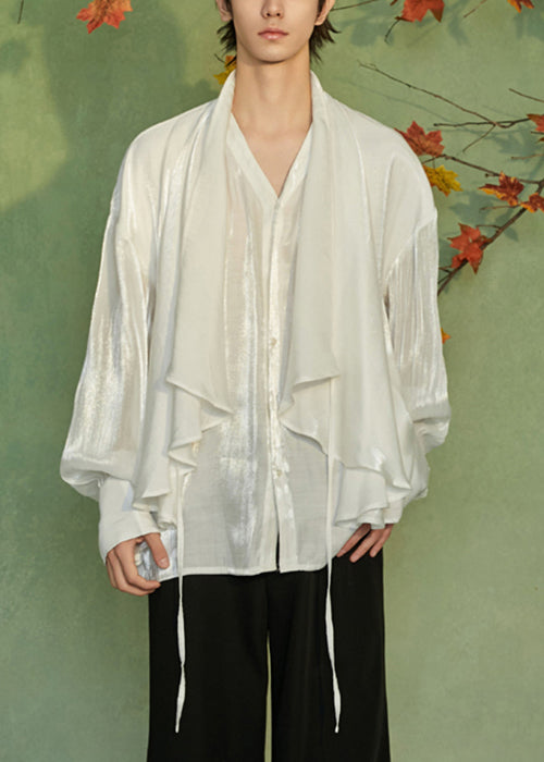Loose White V Neck Lace Up False Two Pieces Silk Shirts Spring