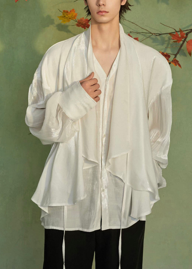 Loose White V Neck Lace Up False Two Pieces Silk Shirts Spring