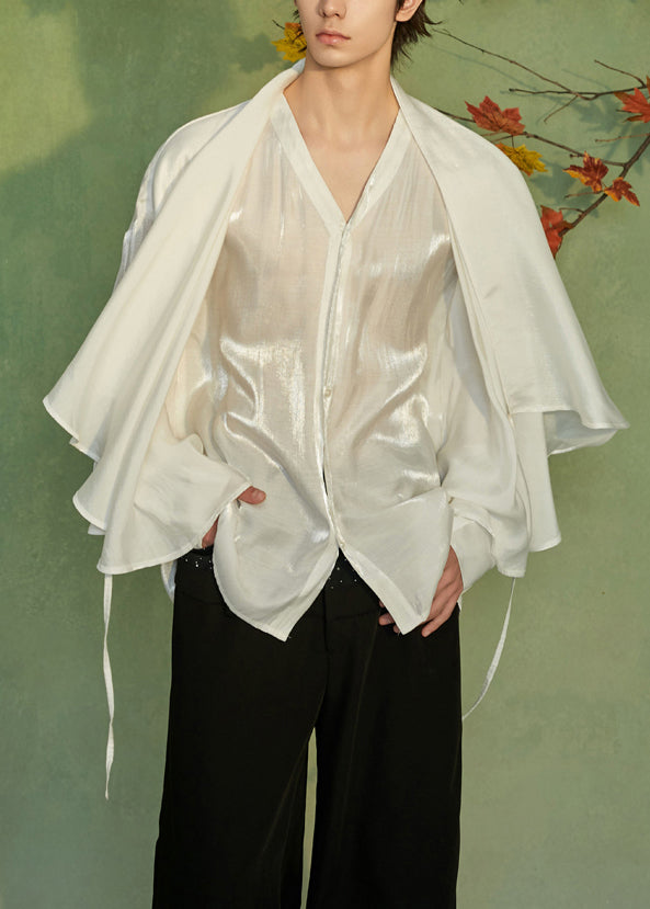 Loose White V Neck Lace Up False Two Pieces Silk Shirts Spring