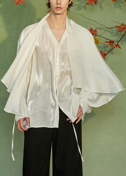 Loose White V Neck Lace Up False Two Pieces Silk Shirts Spring