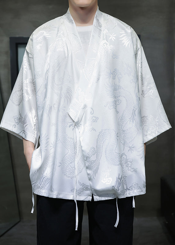 Loose White V Neck Print Lace Up Ice Silk Shirts Bracelet Sleeve