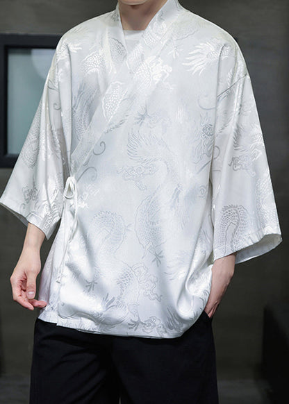 Loose White V Neck Print Lace Up Ice Silk Shirts Bracelet Sleeve