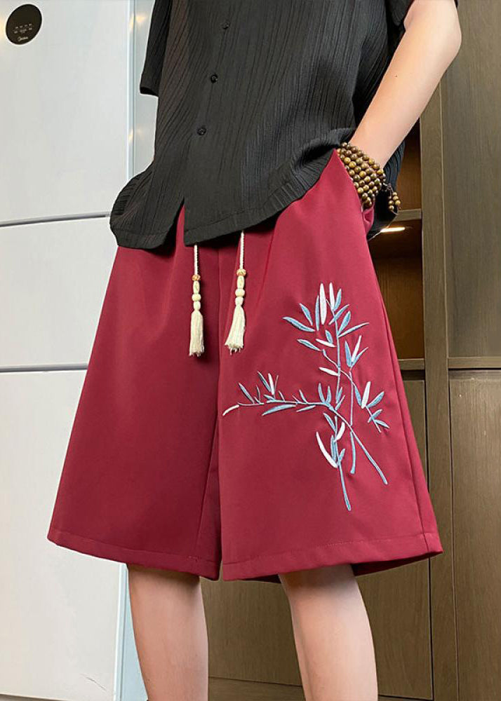 Loose Wine Red Embroideried Cotton Shorts Summer