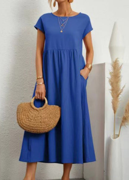 Loose Wine Red O Neck Pockets Cotton Long Dresses Summer