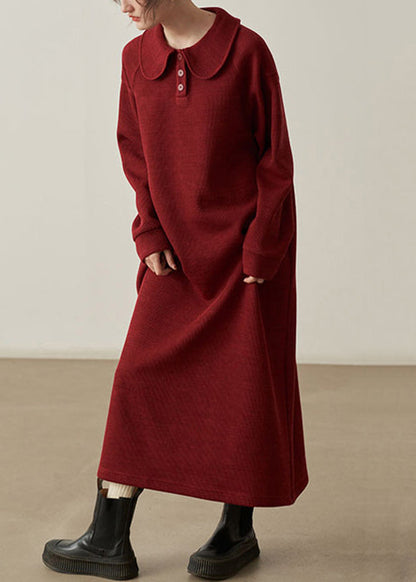 Loose Wine Red Pockets Cozy Cotton Knit Long Dresses Fall