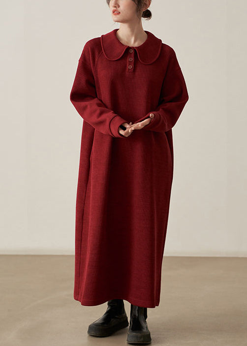 Loose Wine Red Pockets Cozy Cotton Knit Long Dresses Fall