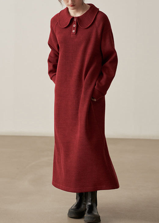 Loose Wine Red Pockets Cozy Cotton Knit Long Dresses Fall