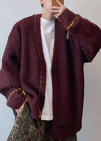 Loose Wine Red V Neck Button Knit Cardigan Spring