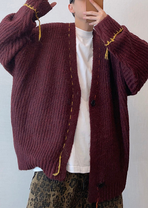 Loose Wine Red V Neck Button Knit Cardigan Spring