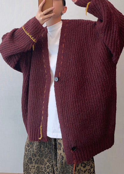 Loose Wine Red V Neck Button Knit Cardigan Spring