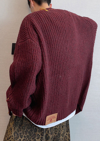 Loose Wine Red V Neck Button Knit Cardigan Spring