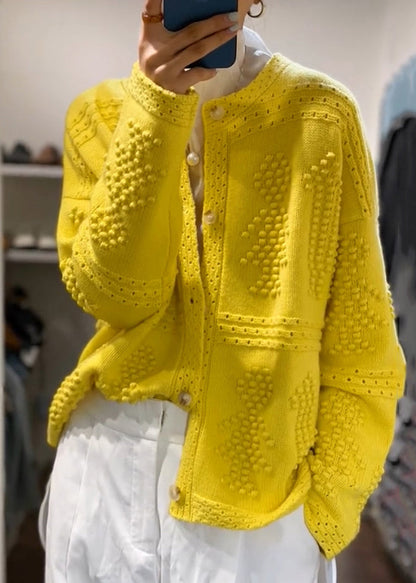 Loose Yellow Button Hollow Out Cotton Knit Coats Long Sleeve