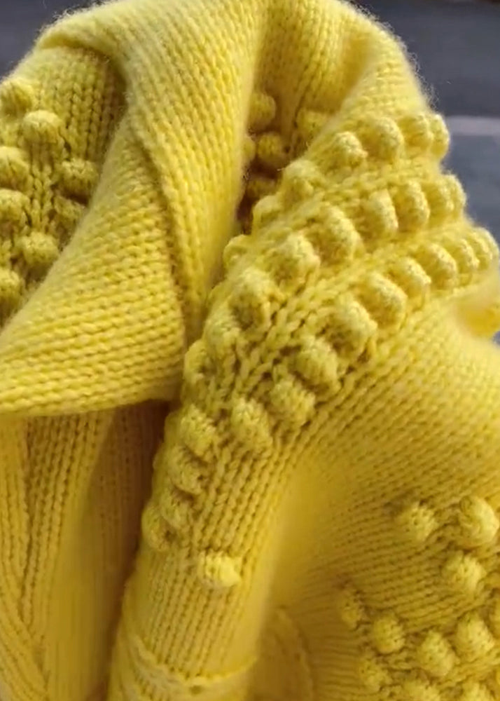 Loose Yellow Button Hollow Out Cotton Knit Coats Long Sleeve