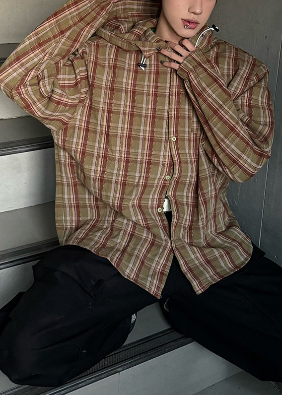 Loose Yellow Hooded Plaid Cotton Shirts Spring