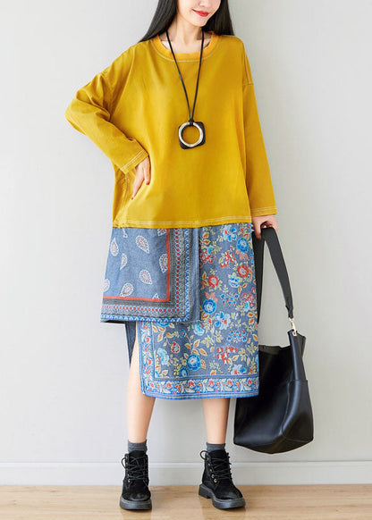 Loose Yellow O-neck Asymmetrical Sweatshirt Dresses Spring