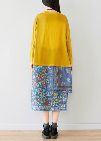 Loose Yellow O-neck Asymmetrical Sweatshirt Dresses Spring