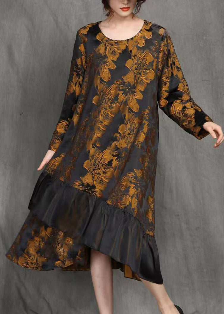 Loose Yellow O-neck Print Patchwork Long Dress Spring