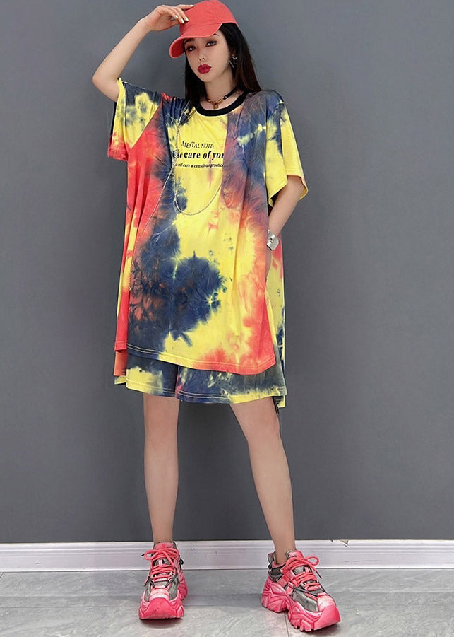 Loose Yellow O-neck Print Top and Shorts Silk Two Pieces Set Summer