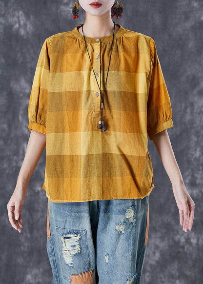 Loose Yellow Oversized Plaid Cotton Shirt Tops Half Sleeve