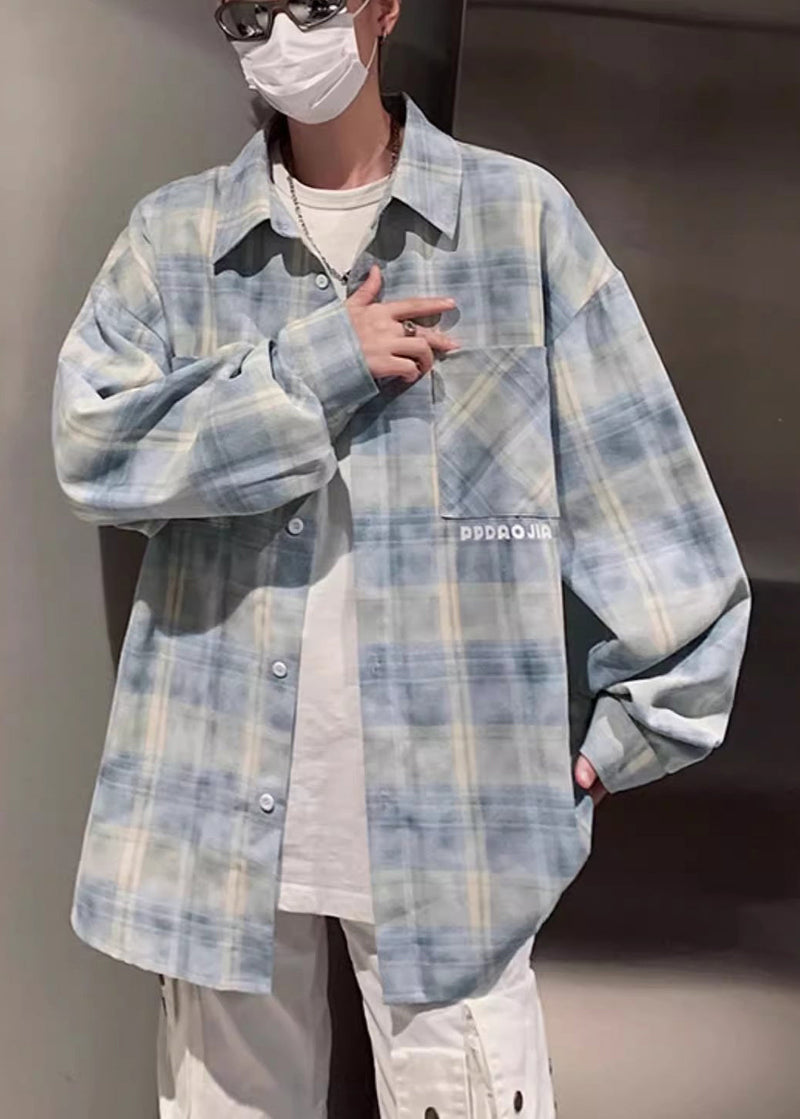 Loose Yellow Peter Pan Collar Plaid Pockets Cotton Shirt Spring