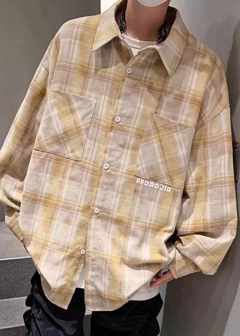 Loose Yellow Peter Pan Collar Plaid Pockets Cotton Shirt Spring
