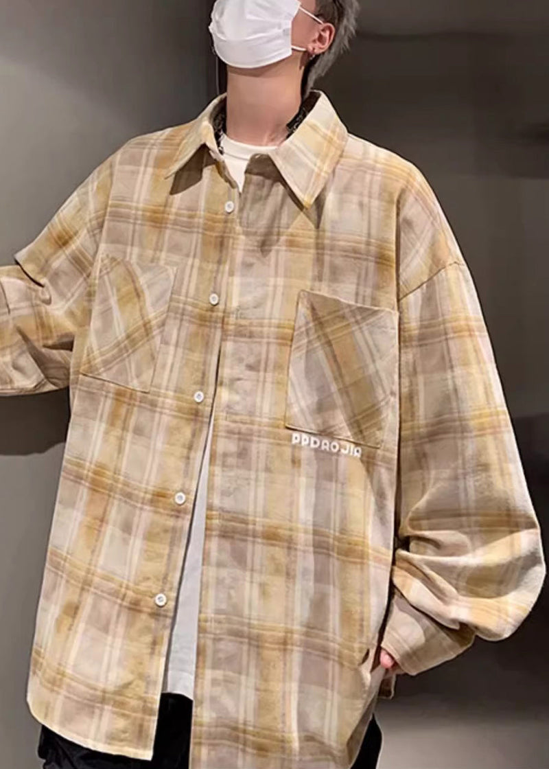 Loose Yellow Peter Pan Collar Plaid Pockets Cotton Shirt Spring