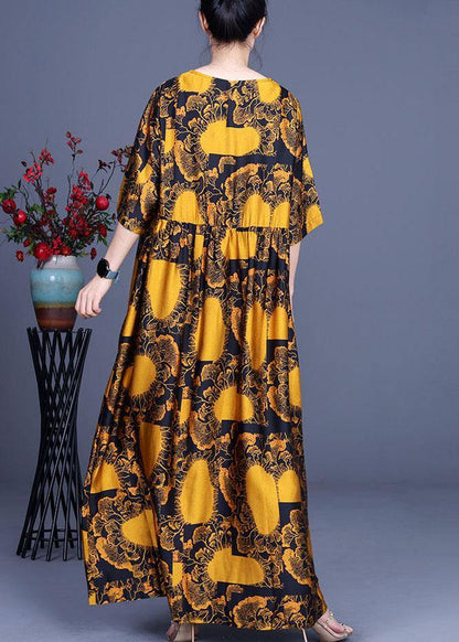 Loose Yellow Print Silk Loose Ankle Dress Summer