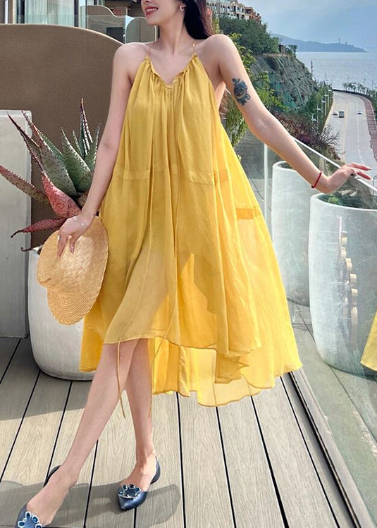 Loose Yellow Slash Neck Chiffon Long Sliop Dresses Summer