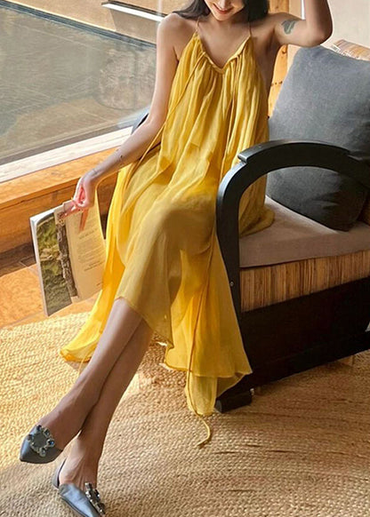 Loose Yellow Slash Neck Chiffon Long Sliop Dresses Summer