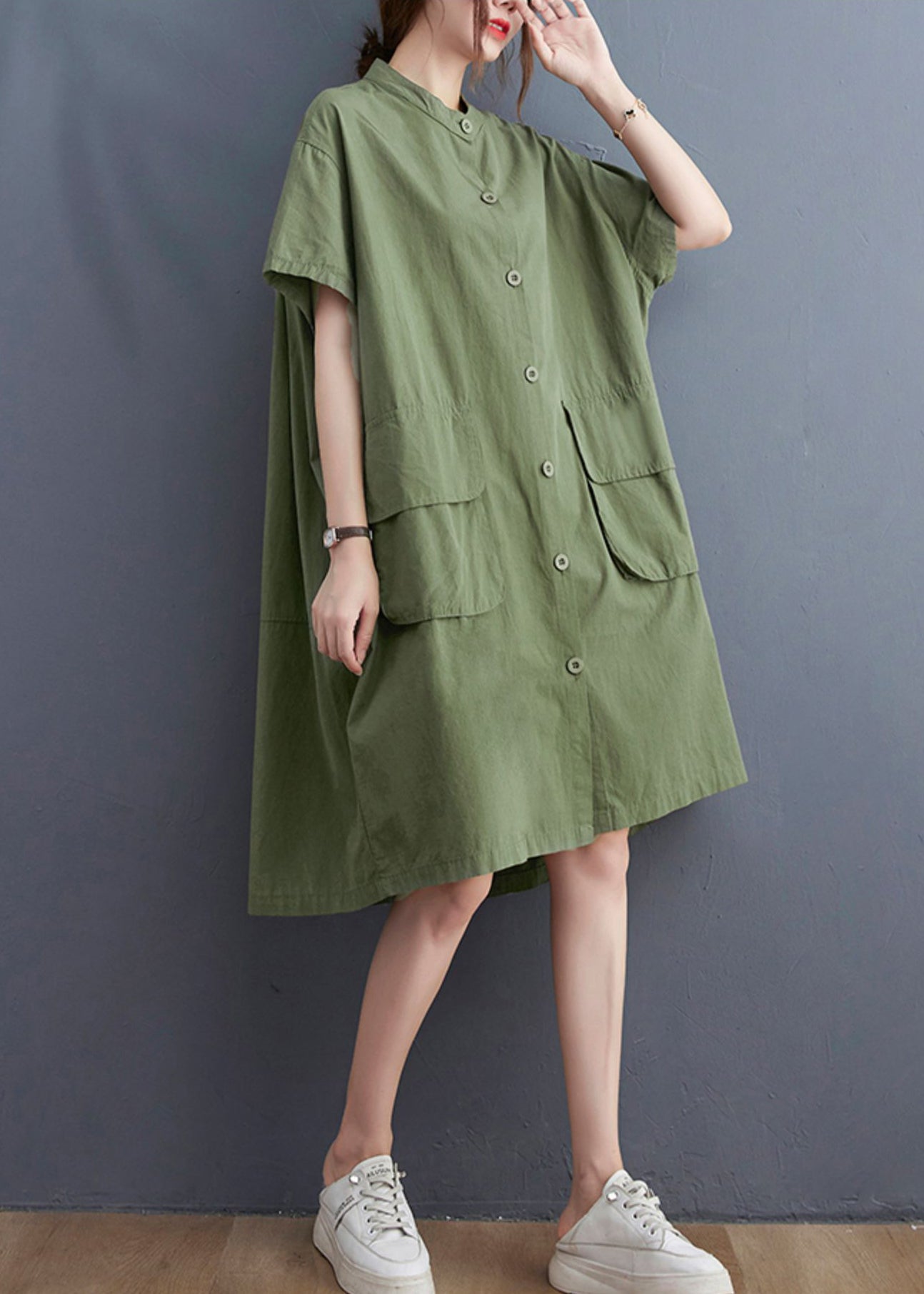 Loose Yellow Stand Collar Button Pockets Dress Short Sleeve
