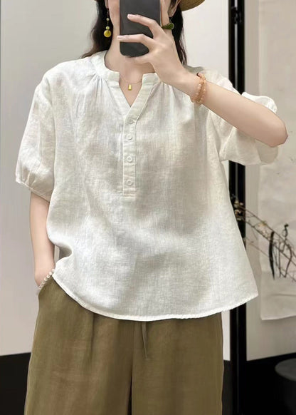 Loose Yellow V Neck Button Linen Blouses Summer