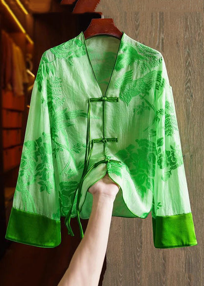 Loose Orange flower V Neck Embroidered Button Silk Shirts Spring