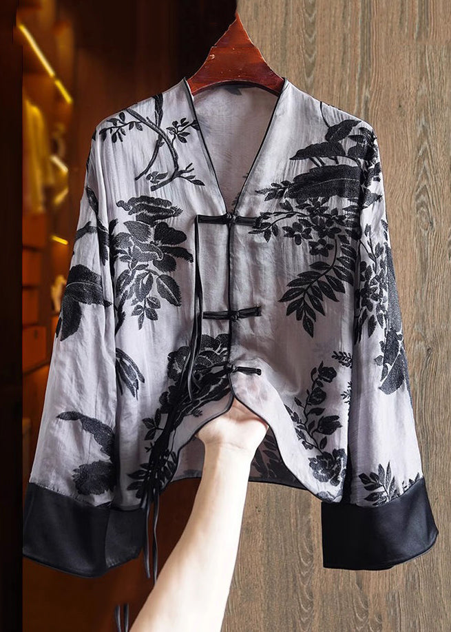 Loose Orange Flower V Neck Embroidered Button Silk Shirts Spring