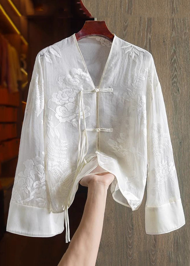 Loose Green Flowers V Neck Embroidered Button Silk Shirts Spring