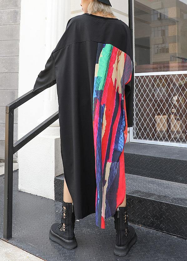 Loose Asymmetric Patchwork Cotton Quilting Clothes Sleeve Black Maxi Dress Fall