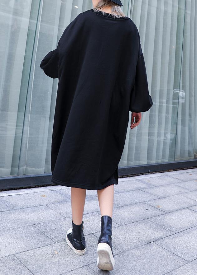 Loose Black Cotton Clothes O Neck Sequined Dresses