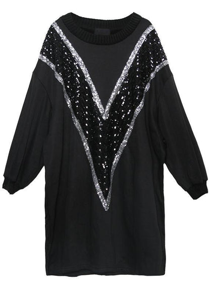 Loose Black Cotton Clothes O Neck Sequined Dresses