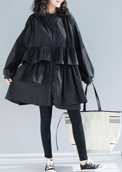 Loose Black Cotton Quilting Dresses Layered Ruffles Art Shirt Dress
