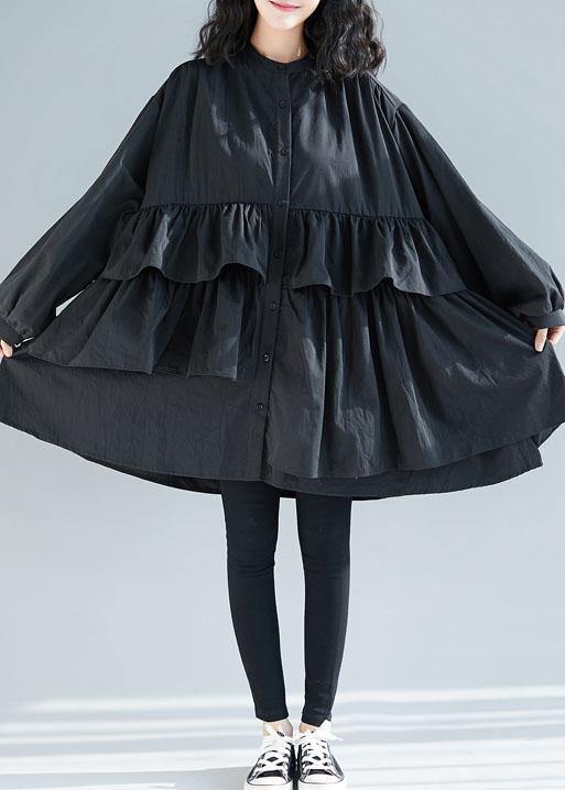 Loose Black Cotton Quilting Dresses Layered Ruffles Art Shirt Dress