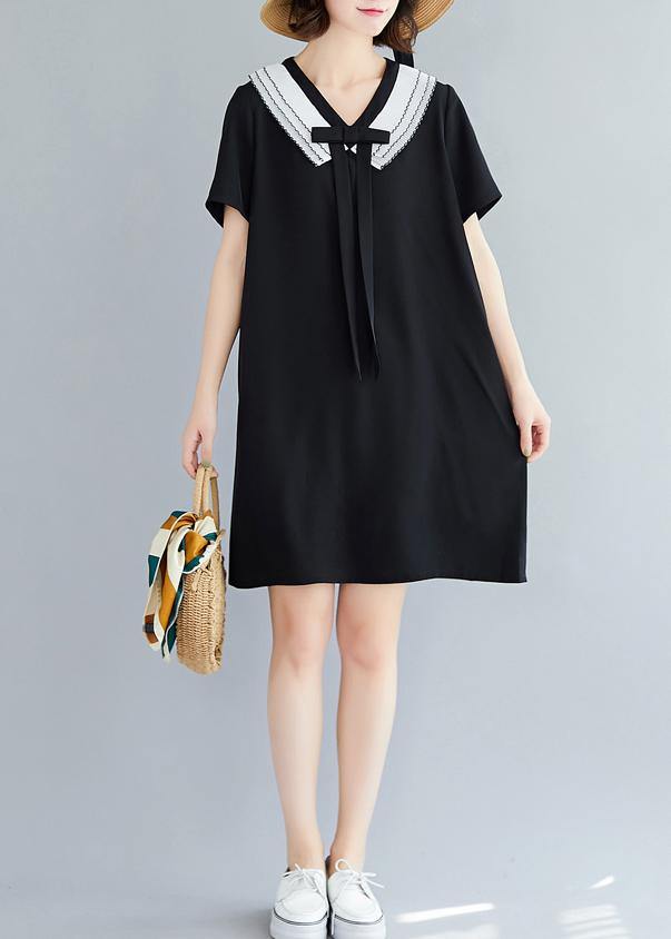 Loose Navy Blue Cotton Quilting Dresses V Neck Summer Dress