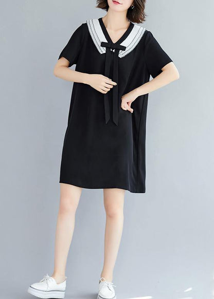 Loose Navy Blue Cotton Quilting Dresses V Neck Summer Dress