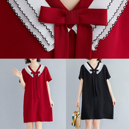 Loose Navy Blue Cotton Quilting Dresses V Neck Summer Dress