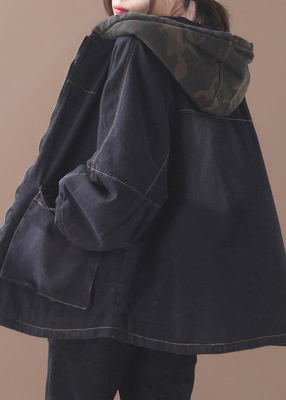 Loose Black Fine Clothes for Sewing Two Pockets Patchwork Hooded Outwear