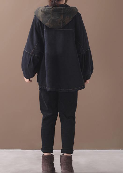 Loose Black Fine Clothes for Sewing Two Pockets Patchwork Hooded Outwear