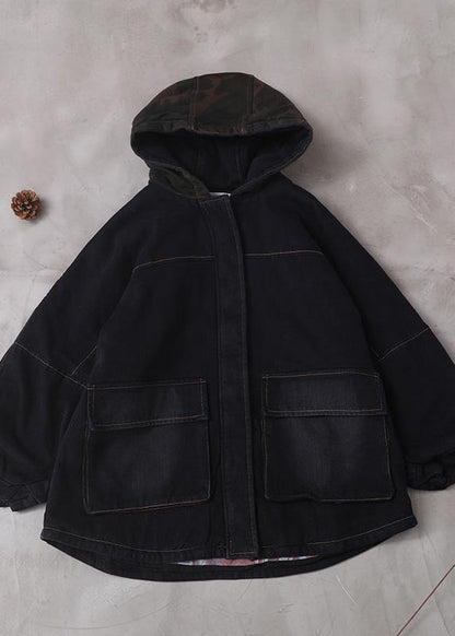 Loose Black Fine Clothes for Sewing Two Pockets Patchwork Hooded Outwear