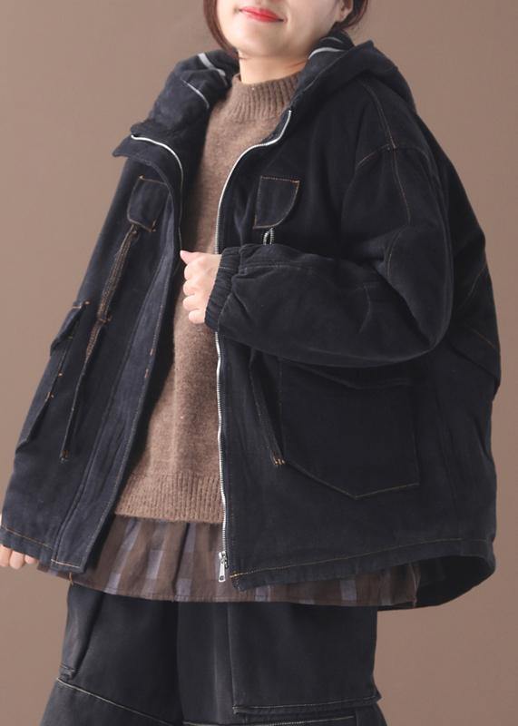 Loose Black Clothes Design Hooded Zippered Pockets Coats