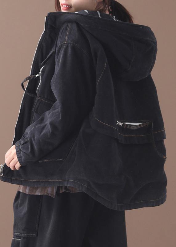 Loose Black Clothes Design Hooded Zippered Pockets Coats